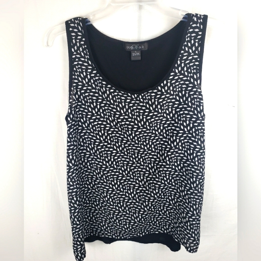 August Silk Black and White Patterned Women's Sleeveless Shirt Sz L